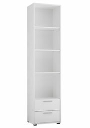 Weißes Regal mit vier offenen Fächern und zwei Schubladen, seitliche Perspektive