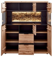 Offenes Holz-Highboard/Schrank mit schwarzem Innenraum, mehreren Fächern und zwei Schubladen sowie beleuchtetem Rinden-/Kork-Element in der Mitte, Frontansicht