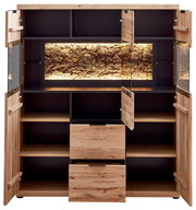 Offenes Holz-Highboard/Schrank mit schwarzem Innenraum, mehreren Fächern und zwei Schubladen sowie beleuchtetem Rinden-/Kork-Element in der Mitte, Frontansicht