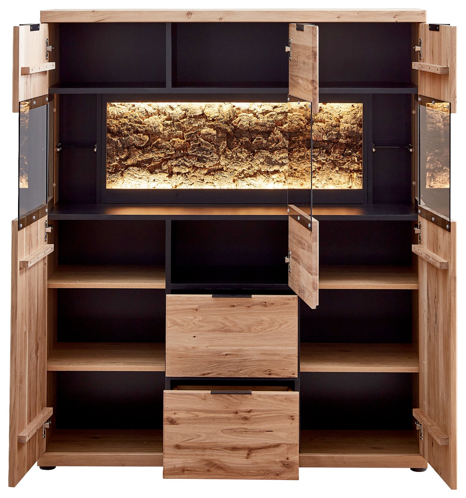 Offenes Holz-Highboard/Schrank mit schwarzem Innenraum, mehreren Fächern und zwei Schubladen sowie beleuchtetem Rinden-/Kork-Element in der Mitte, Frontansicht