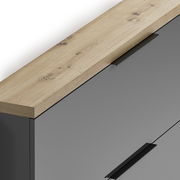 Hängeschuhschrank mit Holzoberfläche und grauer Front, perspektivische Ansicht von oben