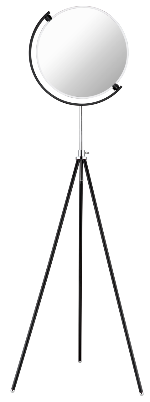 LED-Stehleuchte mit rundem Lampenschirm auf einem dreibeinigen Stativ, Frontalansicht
