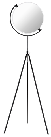 LED-Stehleuchte mit rundem Lampenschirm auf einem dreibeinigen Stativ, Frontalansicht