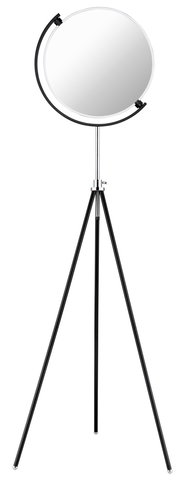 LED-Stehleuchte mit rundem Lampenschirm auf einem dreibeinigen Stativ, Frontalansicht