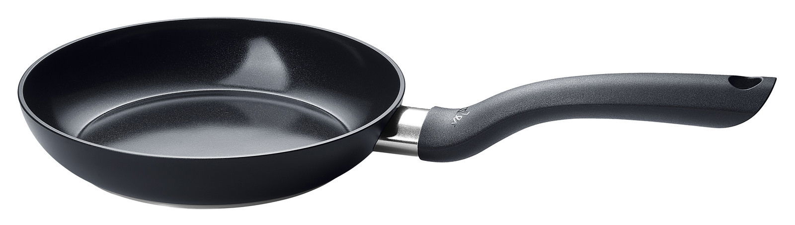 Schwarze Pfanne mit ergonomischem Griff, seitliche Perspektive
