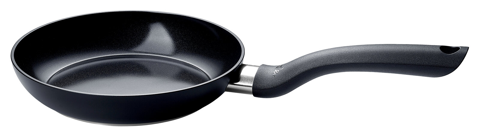 Schwarze Pfanne mit ergonomischem Griff, seitliche Perspektive