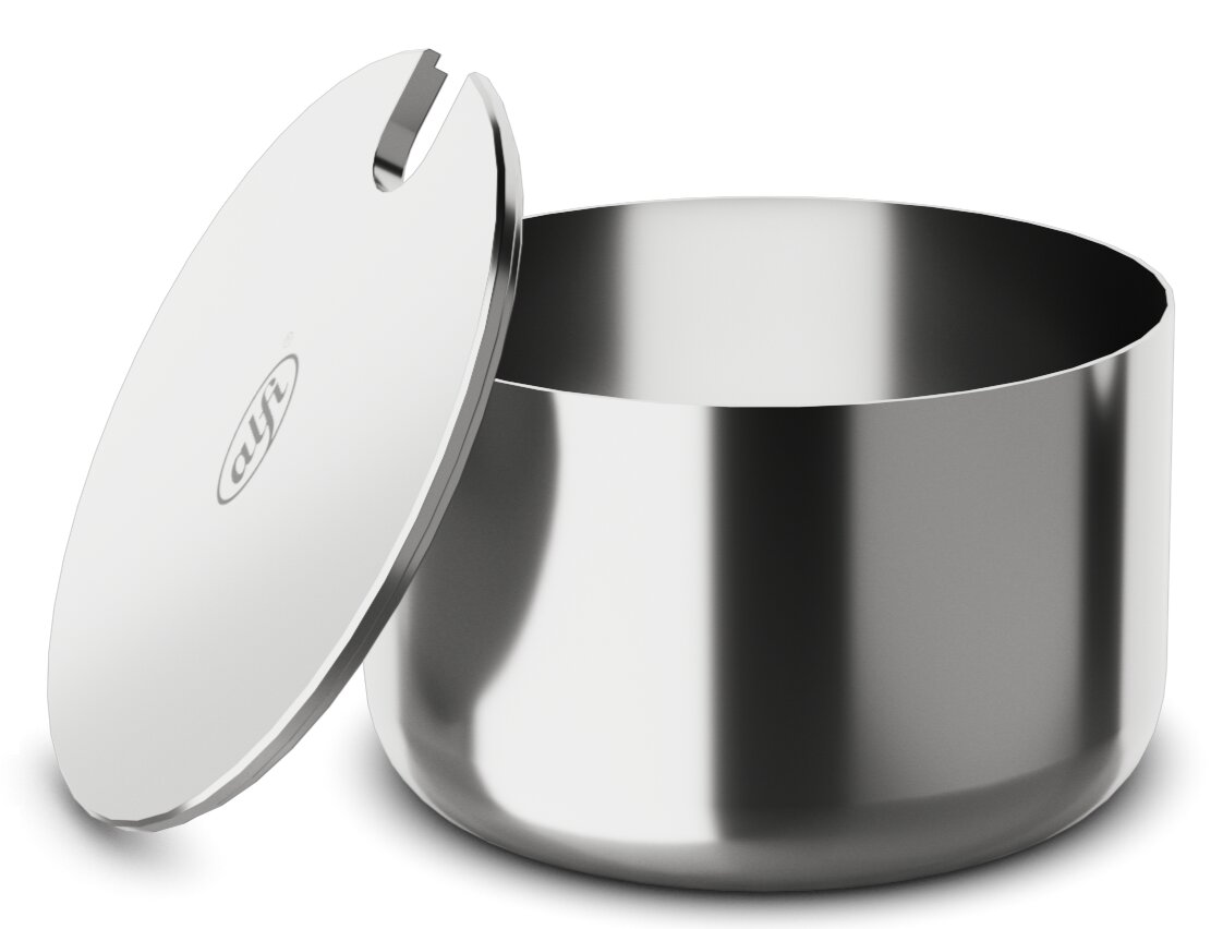 Edelstahl-Zuckerdose mit abnehmbarem Deckel, seitliche Perspektive