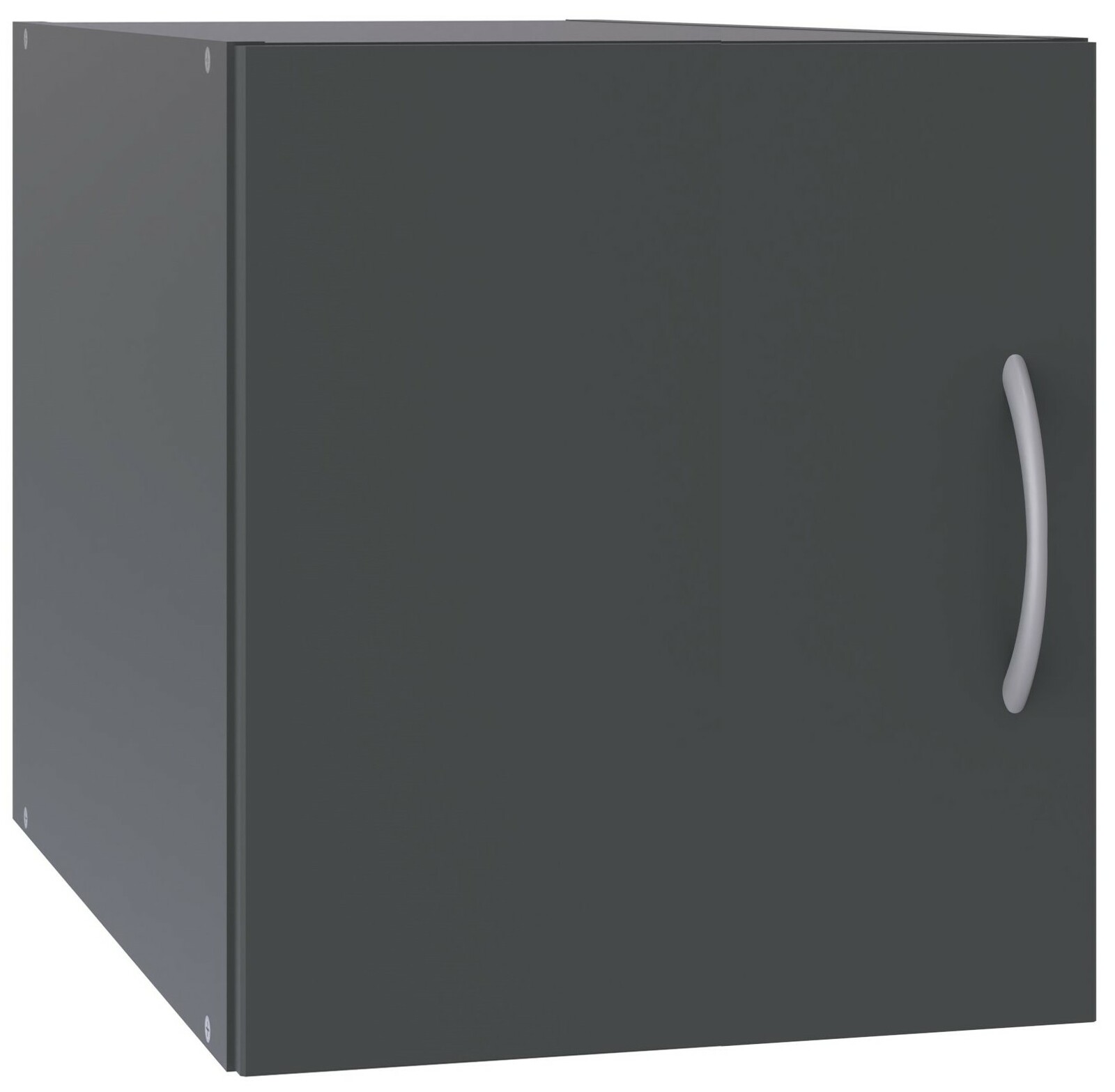 XORA Aufsatz T54 MULTIRAUMKONZEPT Dunkelgrauer Schrankaufsatz mit silbernem Griff, perspektivisch von vorne links betrachtet.