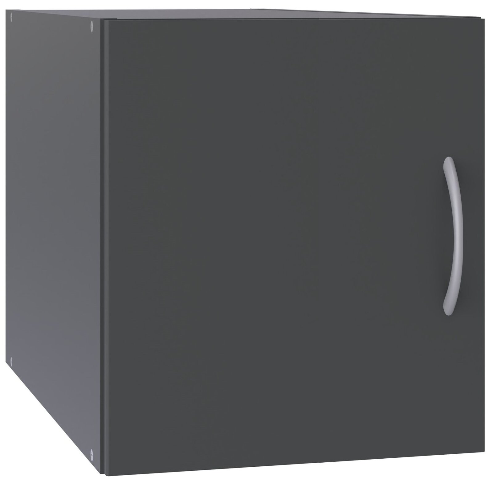Dunkelgrauer Schrankaufsatz mit silbernem Griff, perspektivisch von vorne links betrachtet.