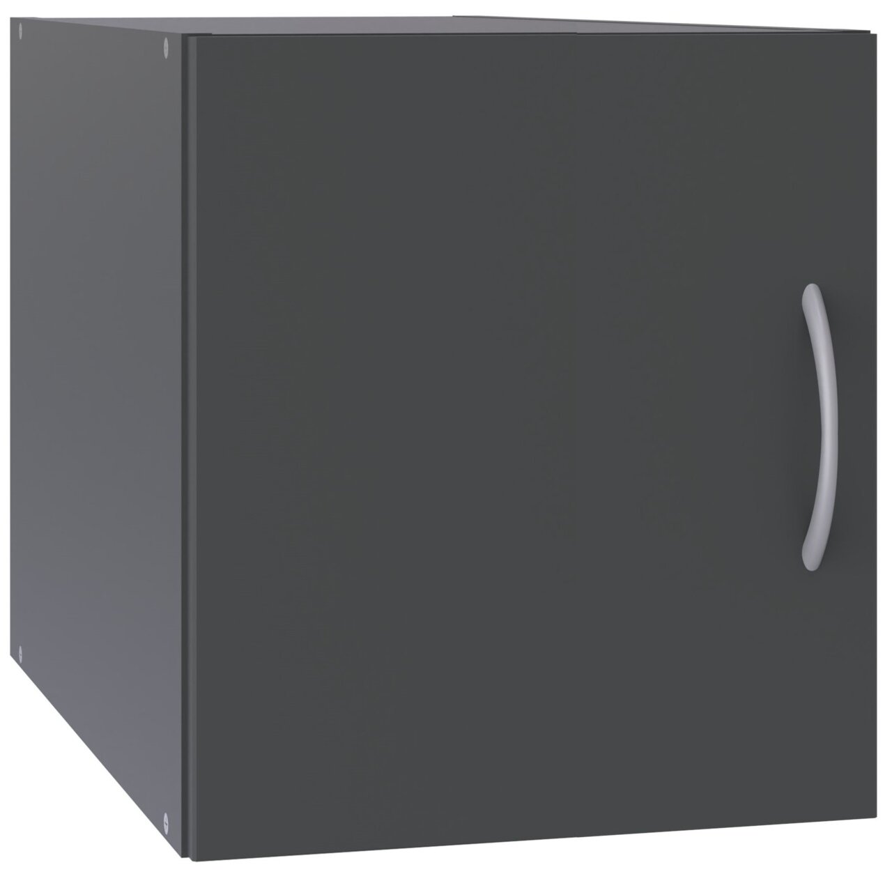 XORA Aufsatz T54 MULTIRAUMKONZEPT Dunkelgrauer Schrankaufsatz mit silbernem Griff, perspektivisch von vorne links betrachtet.
