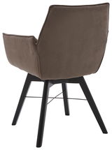 Rückansicht eines braunen Armlehnenstuhls mit schwarzen Holzbeinen