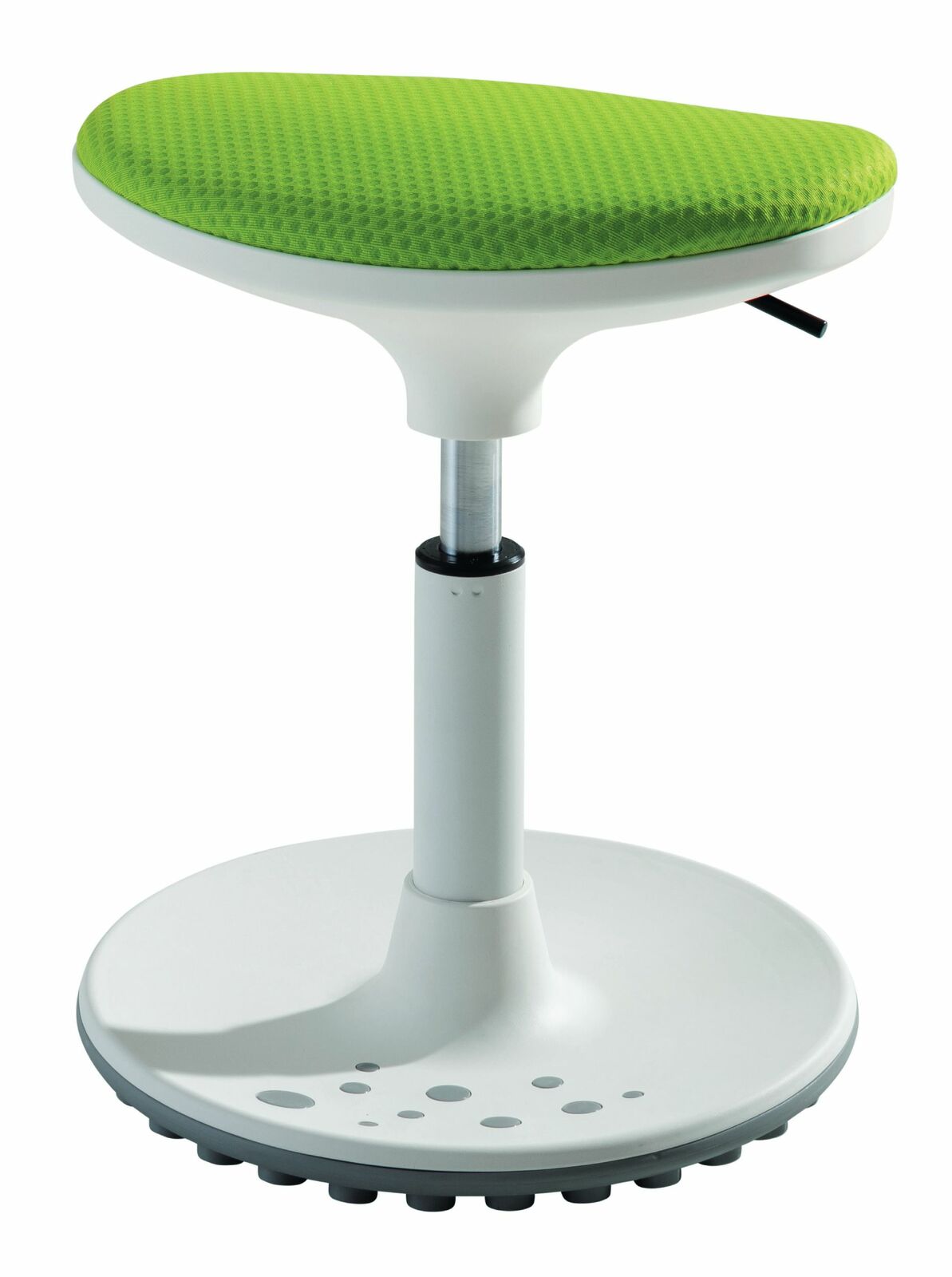 Moderner Kinderhocker mit grünem Sitzpolster und weißem Standfuß, seitliche Perspektive
