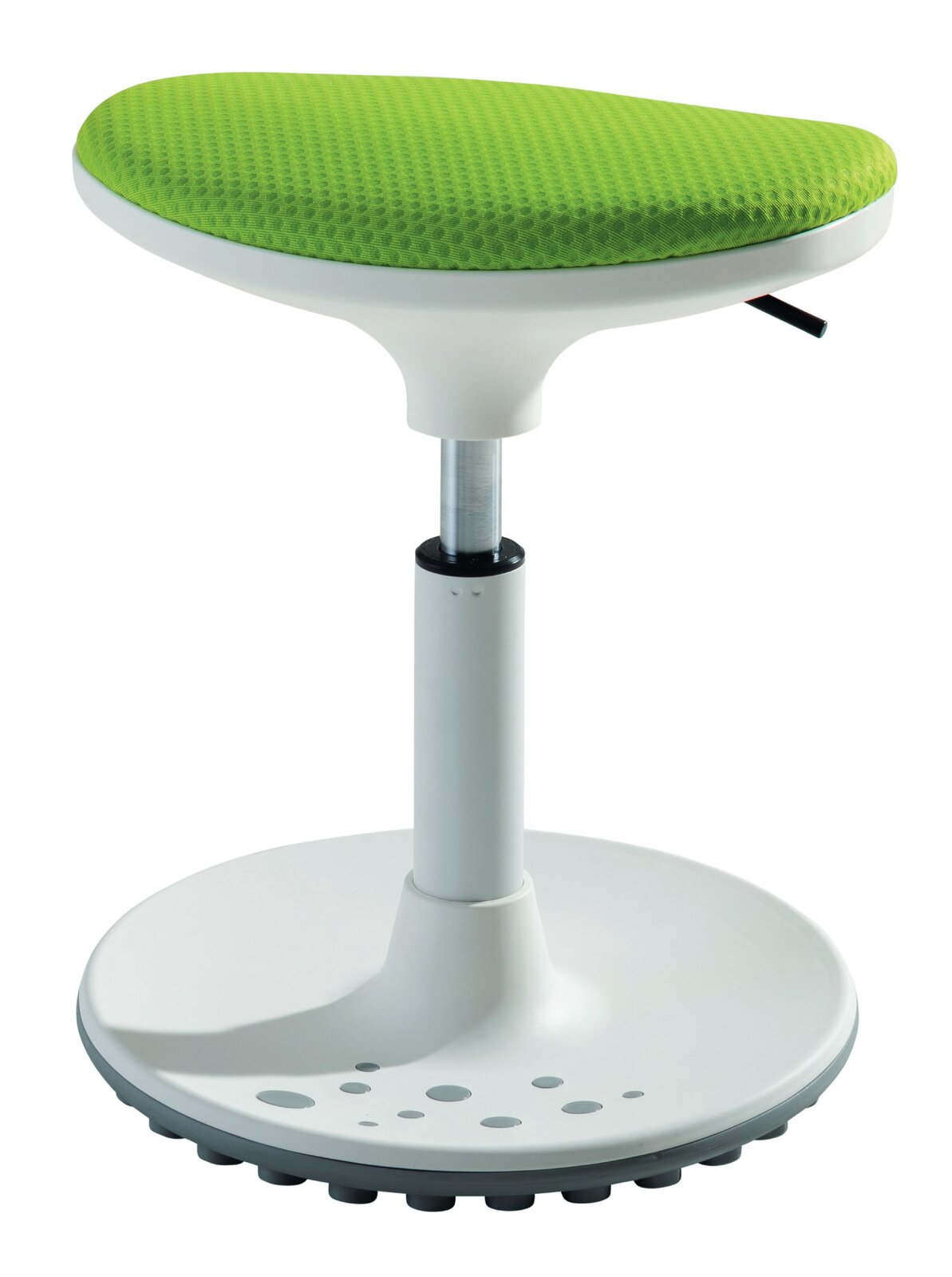 Moderner Kinderhocker mit grünem Sitzpolster und weißem Standfuß, seitliche Perspektive