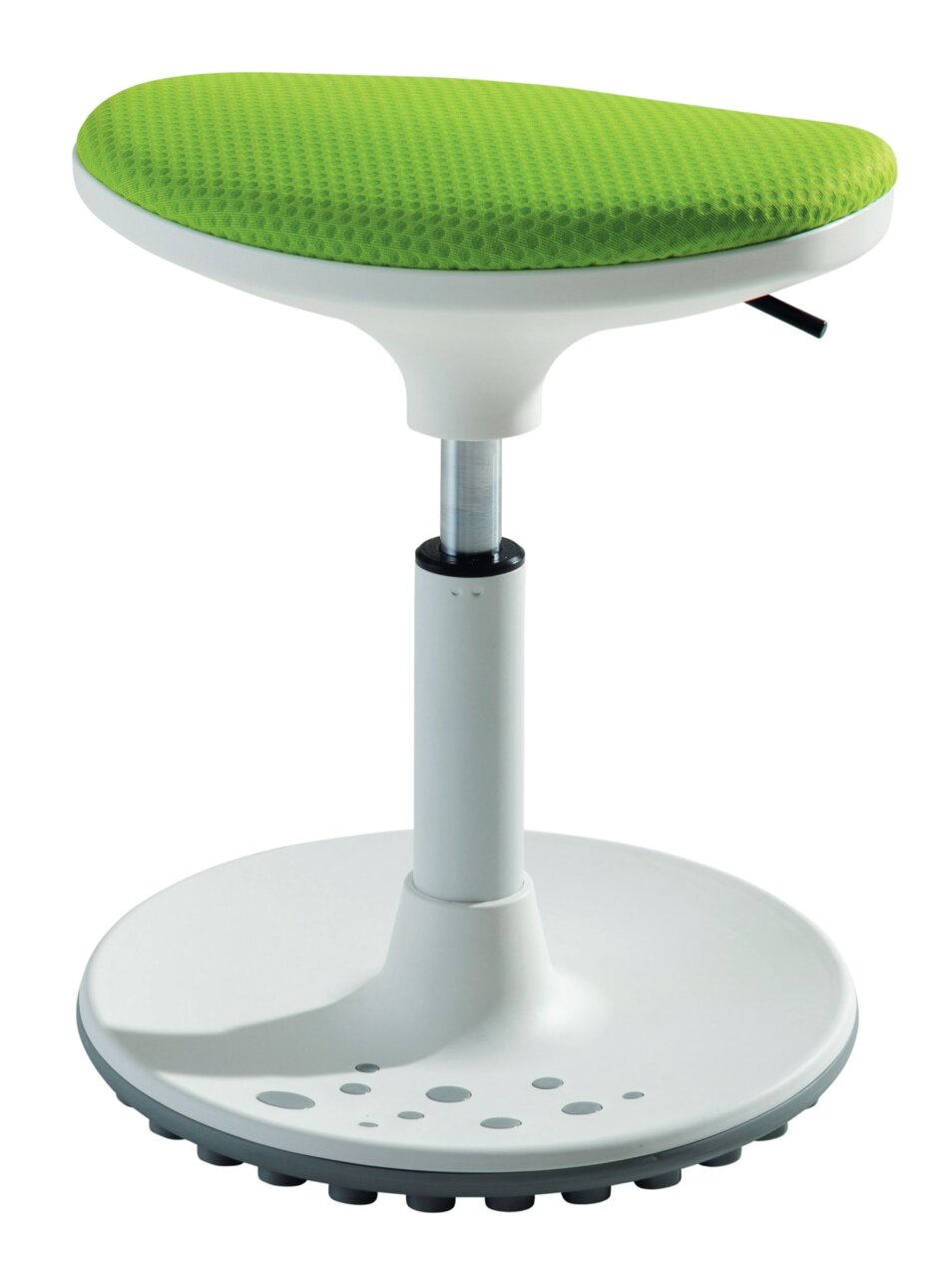 Moderner Kinderhocker mit grünem Sitzpolster und weißem Standfuß, seitliche Perspektive