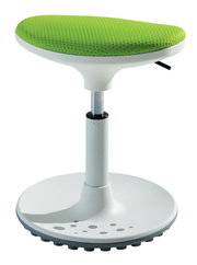 Moderner Kinderhocker mit grünem Sitzpolster und weißem Standfuß, seitliche Perspektive
