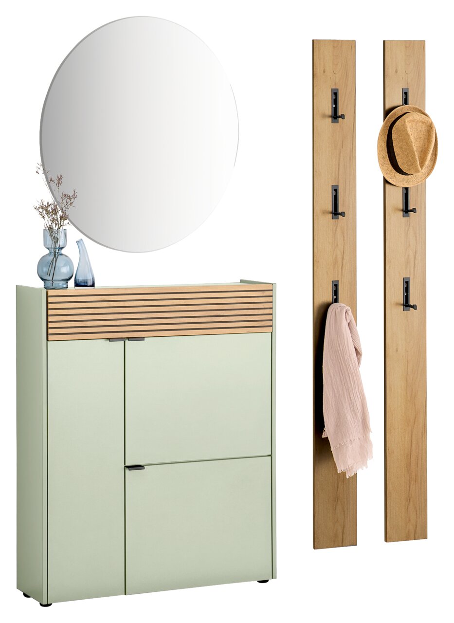 Voleo Garderoben-Set RIO Garderoben-Set in Taupegrün mit rundem Spiegel, zwei Holzpaneelen mit Haken, einem Schrank mit Holzleiste und Dekoration. Frontalansicht.