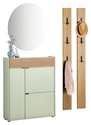 Garderoben-Set in Taupegrün mit rundem Spiegel, zwei Holzpaneelen mit Haken, einem Schrank mit Holzleiste und Dekoration. Frontalansicht.