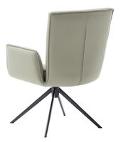 Rückansicht eines modernen Sessels mit hellgrauem Lederbezug und schwarzem Metallgestell.