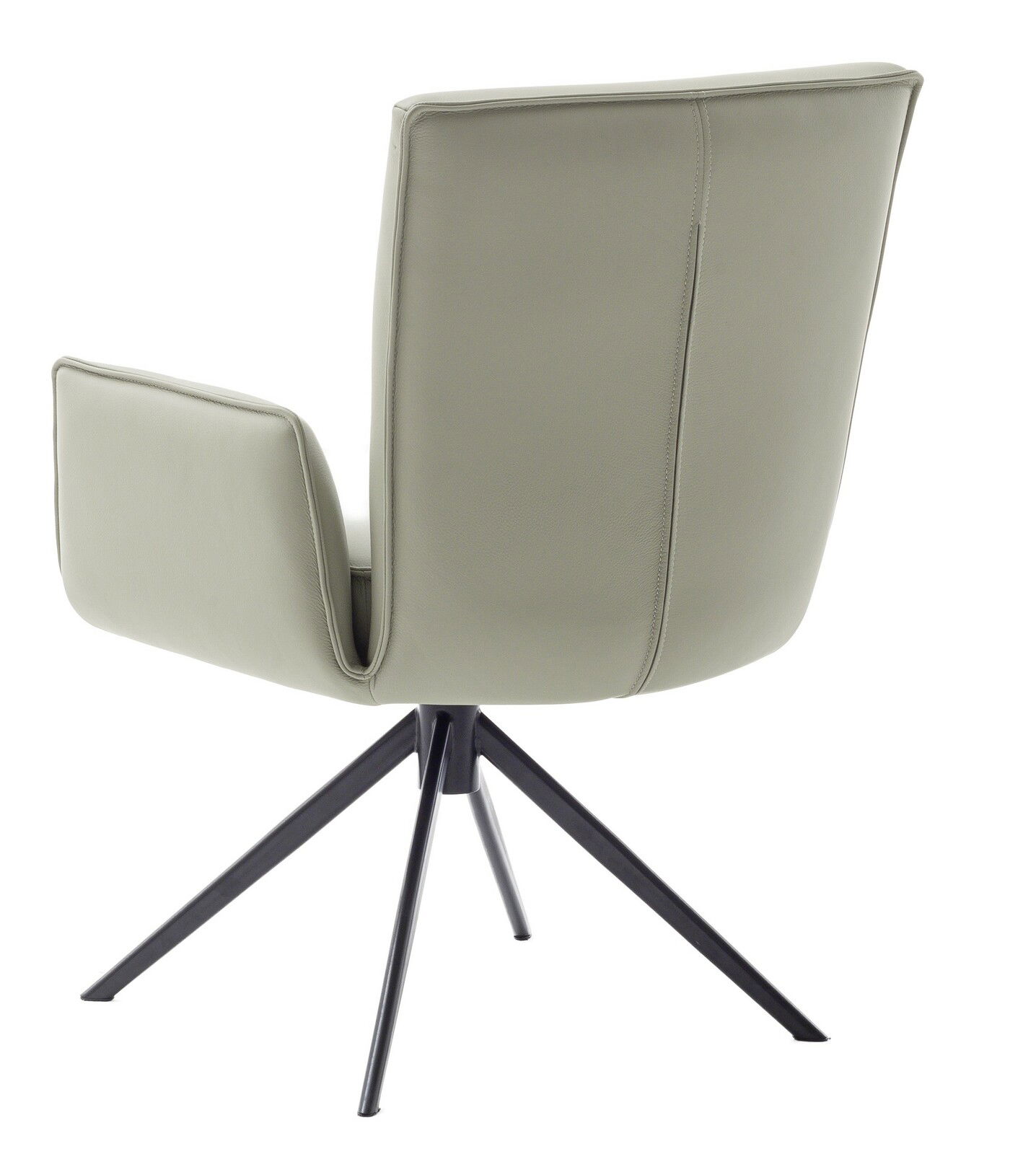 Rückansicht eines modernen Sessels mit hellgrauem Lederbezug und schwarzem Metallgestell.