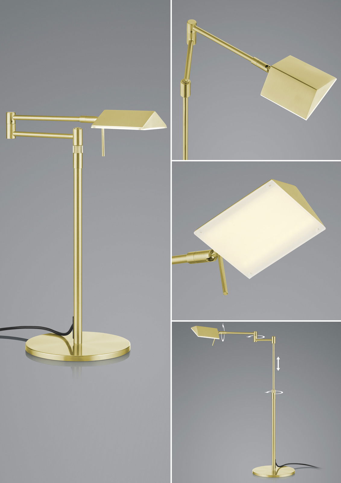 Goldene LED-Tischleuchte JOHANNHell mit verstellbarem Arm und modernem Design, Seitenansicht.