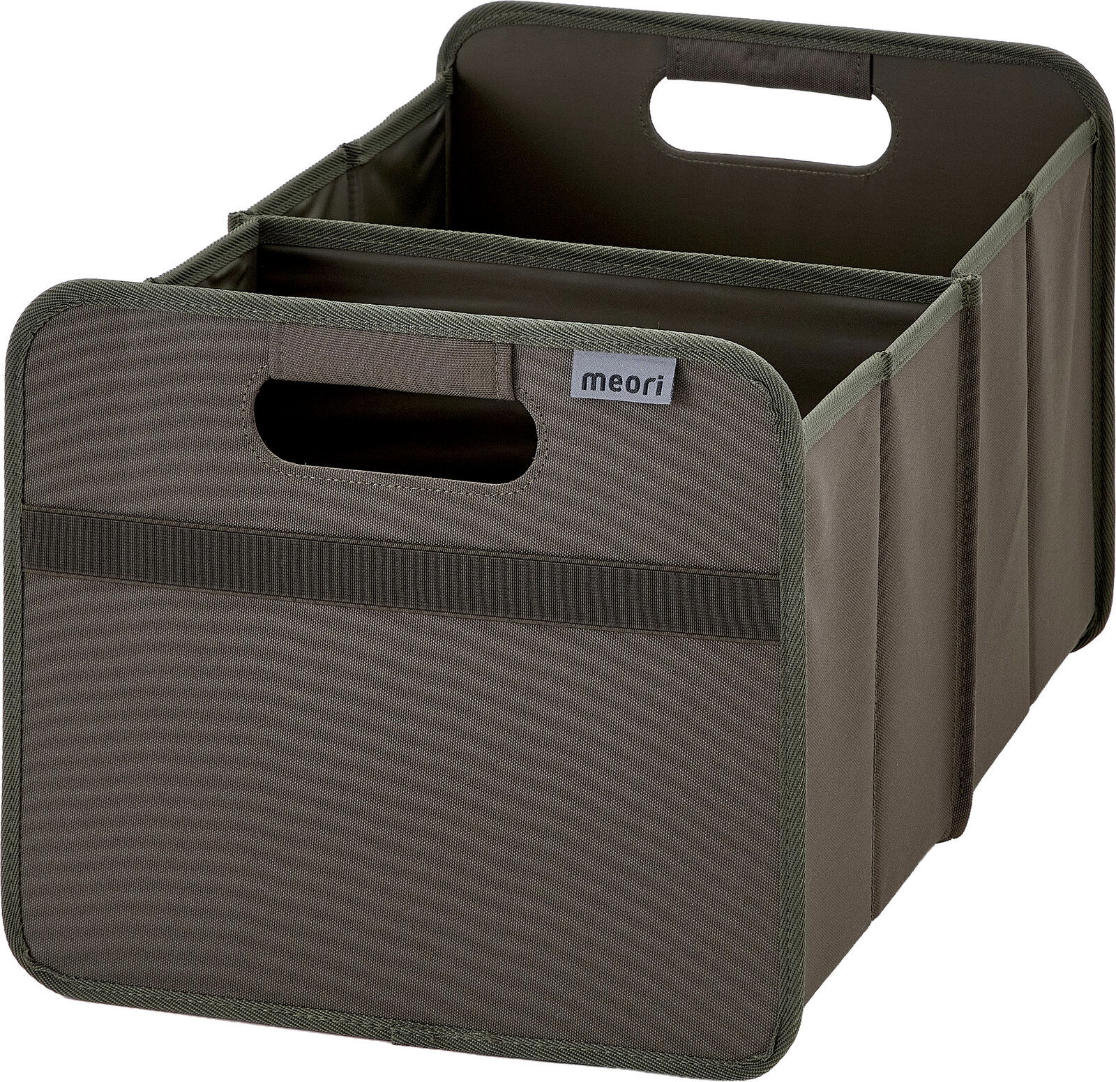 Graue faltbare Aufbewahrungsbox/Organizer von meori mit Tragegriffen und verstärkten Kanten, schräg von vorne links in leicht erhöhter Perspektive freigestellt