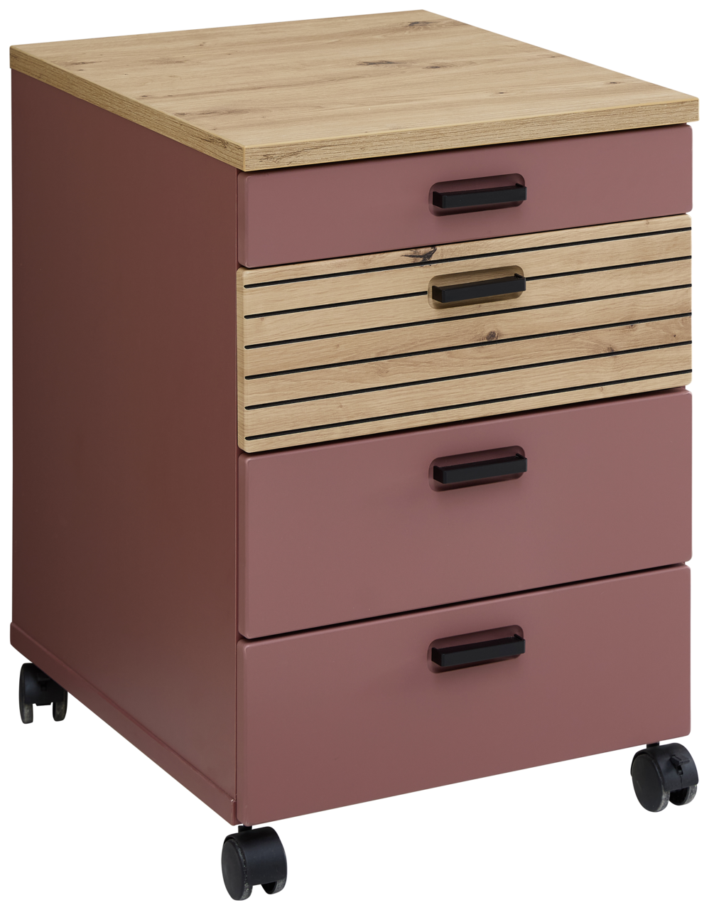 Voleo Rollcontainer GLENN Rollcontainer mit vier Schubladen, zwei in Holzoptik und zwei in Rosa, auf Rollen, aus schräger Perspektive fotografiert.