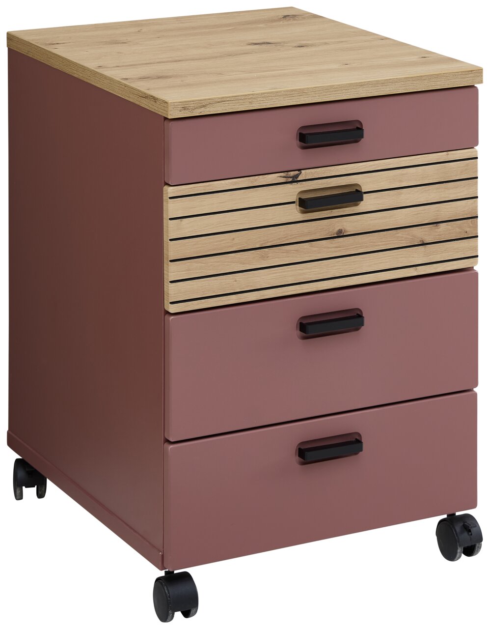Rolcontainer met vier lades, twee in houtlook en twee in roze, op wieltjes, gefotografeerd vanuit een schuin perspectief.