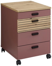 Rolcontainer met vier lades, twee in houtlook en twee in roze, op wieltjes, gefotografeerd vanuit een schuin perspectief.