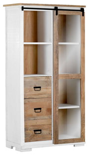 Vitrine aus Holz mit Schiebetür und Schubladen, seitliche Perspektive