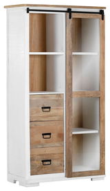 Vitrine aus Holz mit Schiebetür und Schubladen, seitliche Perspektive