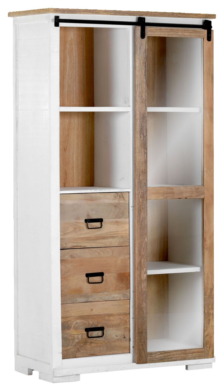 Vitrine aus Holz mit Schiebetür und Schubladen, seitliche Perspektive