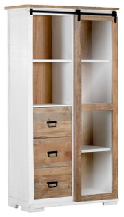 Vitrine aus Holz mit Schiebetür und Schubladen, seitliche Perspektive