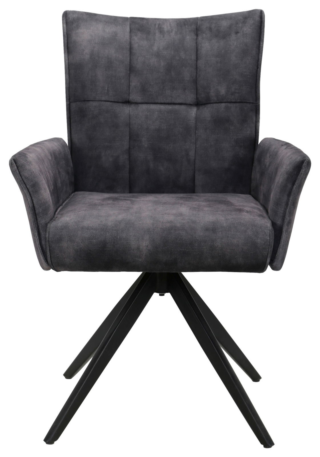 Frontansicht eines modernen Armlehnstuhls mit schwarzem Stoffbezug und Metallbeinen.