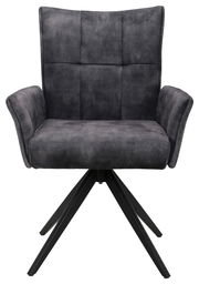 Frontansicht eines modernen Armlehnstuhls mit schwarzem Stoffbezug und Metallbeinen.