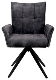 Vooraanzicht van een moderne fauteuil met zwarte stoffen bekleding en metalen poten.