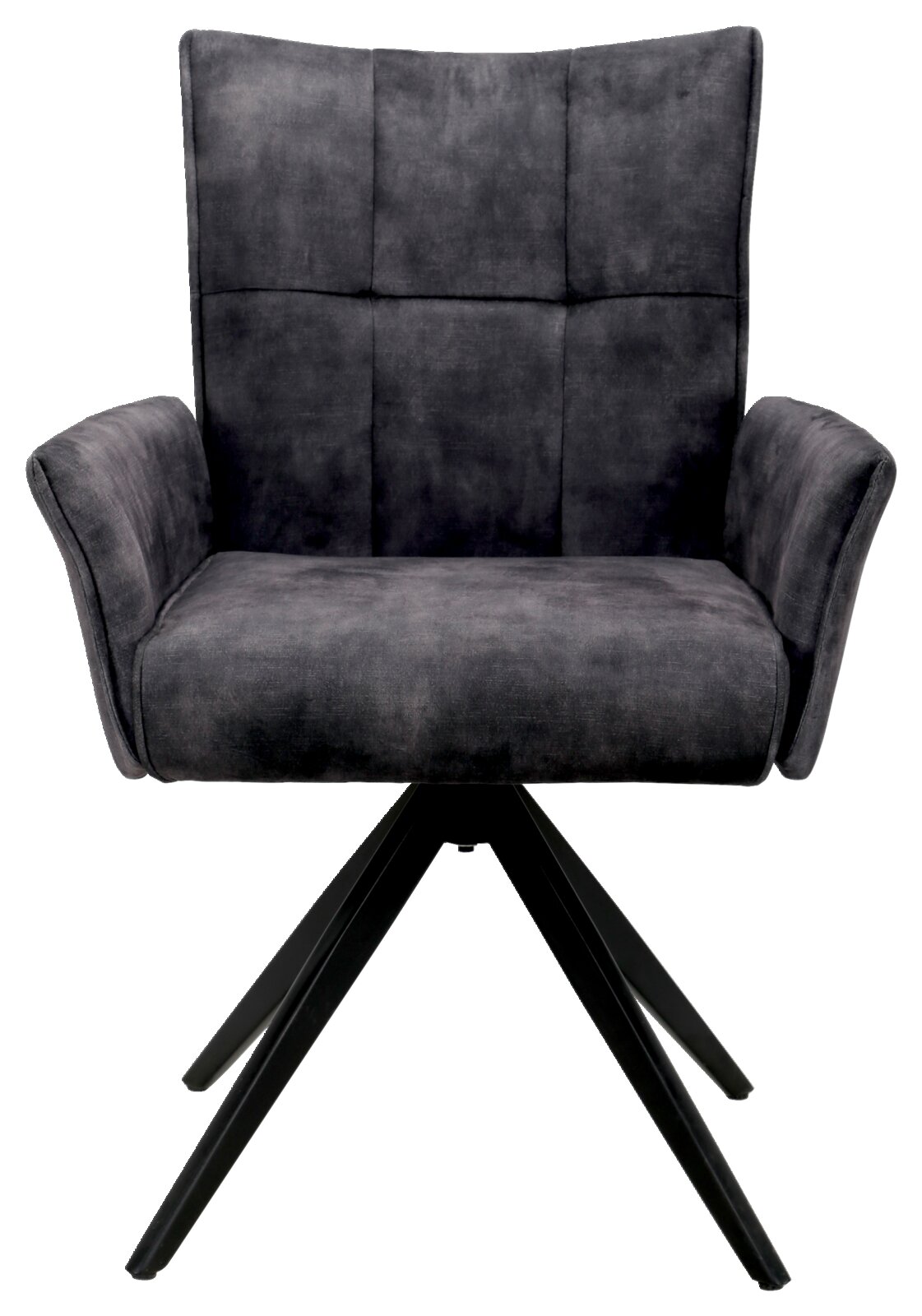 Vooraanzicht van een moderne fauteuil met zwarte stoffen bekleding en metalen poten.