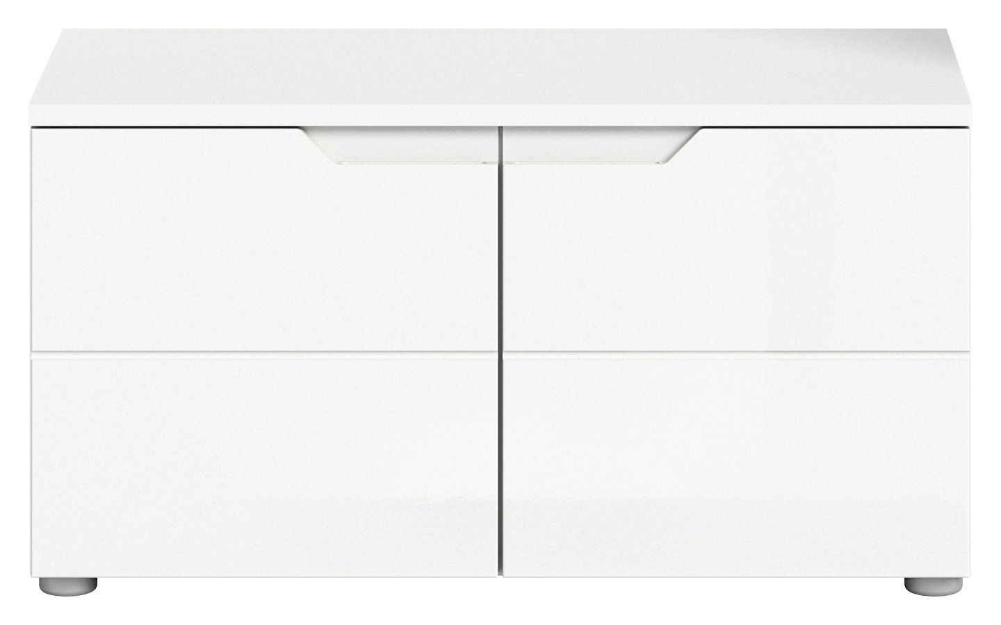 Weiße Sitzbank mit zwei Türen, frontale Ansicht