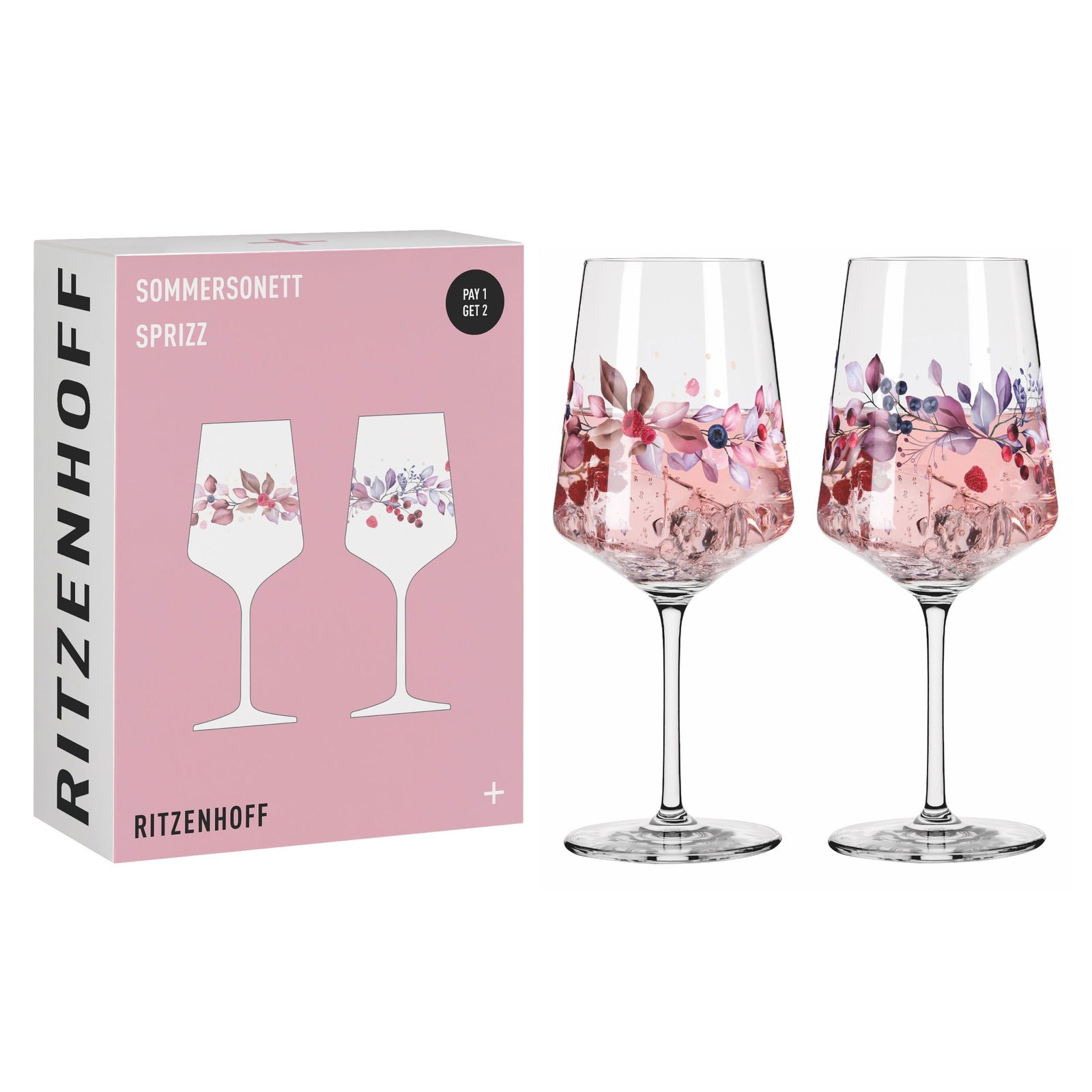 Zwei elegante Weingläser mit floralen Mustern, präsentiert in einer rosa Verpackung mit der Aufschrift 'Sommersonett Sprizz'. Frontale Perspektive.