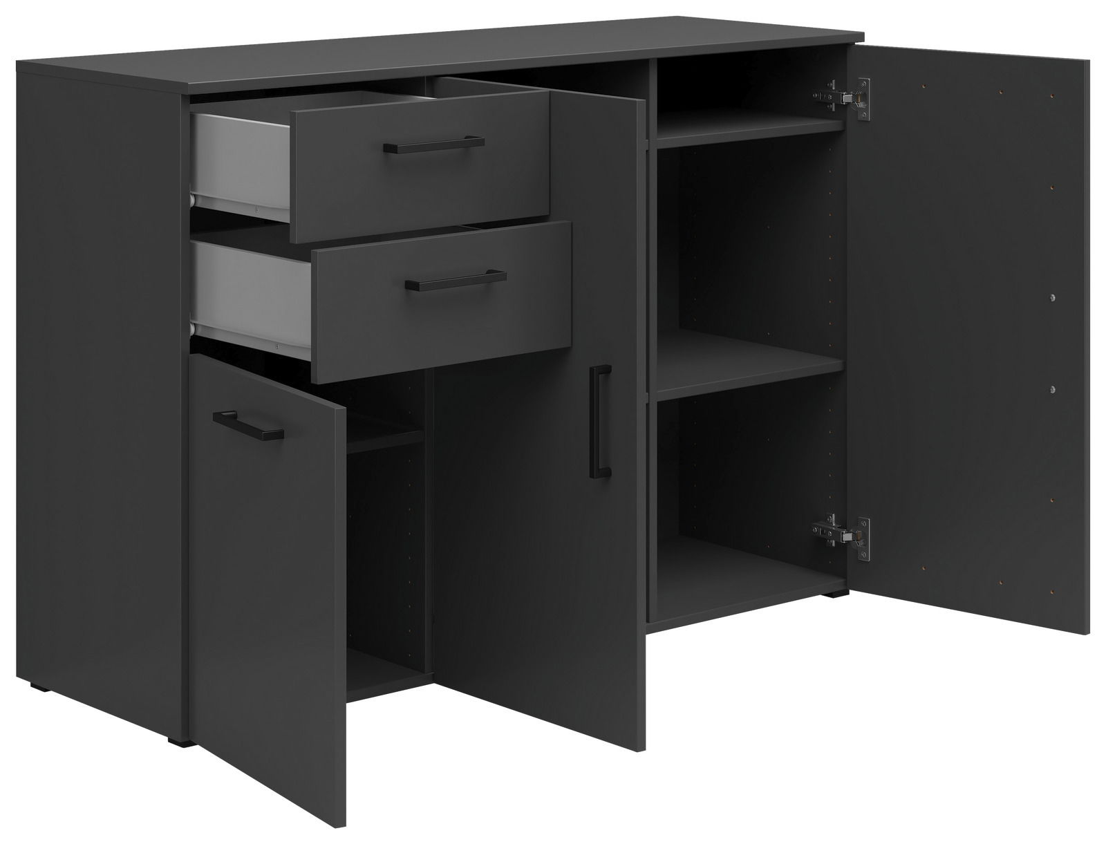 Schwarze Kommode mit zwei offenen Schubladen und zwei offenen Türen, die den Innenraum mit Regalböden zeigen, Perspektive von vorne.