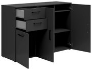 Schwarze Kommode mit zwei offenen Schubladen und zwei offenen Türen, die den Innenraum mit Regalböden zeigen, Perspektive von vorne.