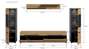 Bemaßte Produktansicht eines Wohnzimmersets in Eiche-Optik und Schwarz: TV-Lowboard mit zwei Schubladen (ca. 170 x 38 x 33 cm), Wandboard (ca. 130 x 19 x 18 cm) sowie zwei hohe Vitrinen/Schränke (je ca. 36 x 125 x 33 cm), dargestellt in Front- und Seitena