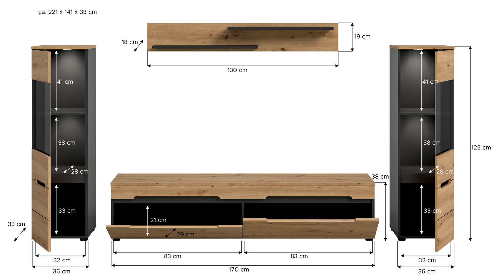 Bemaßte Produktansicht eines Wohnzimmersets in Eiche-Optik und Schwarz: TV-Lowboard mit zwei Schubladen (ca. 170 x 38 x 33 cm), Wandboard (ca. 130 x 19 x 18 cm) sowie zwei hohe Vitrinen/Schränke (je ca. 36 x 125 x 33 cm), dargestellt in Front- und Seitena