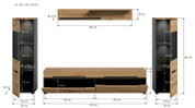 Bemaßte Produktansicht eines Wohnzimmersets in Eiche-Optik und Schwarz: TV-Lowboard mit zwei Schubladen (ca. 170 x 38 x 33 cm), Wandboard (ca. 130 x 19 x 18 cm) sowie zwei hohe Vitrinen/Schränke (je ca. 36 x 125 x 33 cm), dargestellt in Front- und Seitena