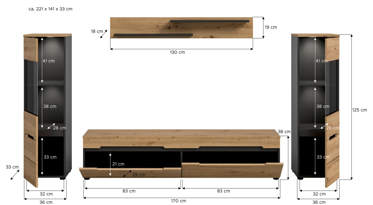 Bemaßte Produktansicht eines Wohnzimmersets in Eiche-Optik und Schwarz: TV-Lowboard mit zwei Schubladen (ca. 170 x 38 x 33 cm), Wandboard (ca. 130 x 19 x 18 cm) sowie zwei hohe Vitrinen/Schränke (je ca. 36 x 125 x 33 cm), dargestellt in Front- und Seitena