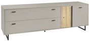 Modernes TV-Lowboard in grauer Farbe mit Holzdetails, seitliche Perspektive