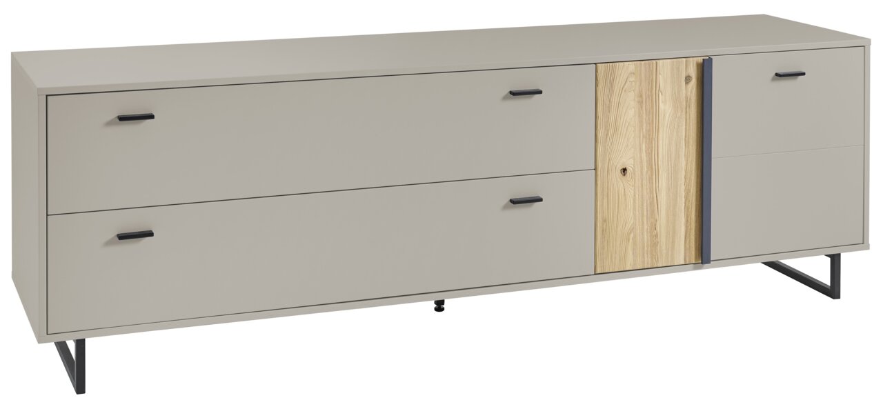 Modernes TV-Lowboard in grauer Farbe mit Holzdetails, seitliche Perspektive