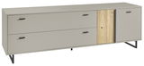 Modernes TV-Lowboard in grauer Farbe mit Holzdetails, seitliche Perspektive