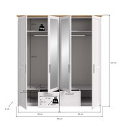 Geöffneter 4-türiger Kleiderschrank in Weiß mit Holzoptik-Abdeckplatte und zwei Spiegeltüren, Innenaufteilung mit Kleiderstangen, Ablagefächern und Schubladen; Maßgrafik mit Breite 188 cm, Höhe 200 cm, Tiefe 61 cm, Ansicht von vorne.
