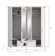 Geöffneter 4-türiger Kleiderschrank in Weiß mit Holzoptik-Abdeckplatte und zwei Spiegeltüren, Innenaufteilung mit Kleiderstangen, Ablagefächern und Schubladen; Maßgrafik mit Breite 188 cm, Höhe 200 cm, Tiefe 61 cm, Ansicht von vorne.