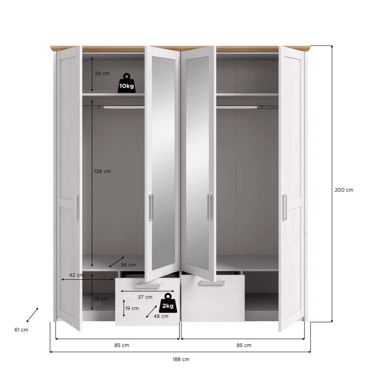 Geöffneter 4-türiger Kleiderschrank in Weiß mit Holzoptik-Abdeckplatte und zwei Spiegeltüren, Innenaufteilung mit Kleiderstangen, Ablagefächern und Schubladen; Maßgrafik mit Breite 188 cm, Höhe 200 cm, Tiefe 61 cm, Ansicht von vorne.